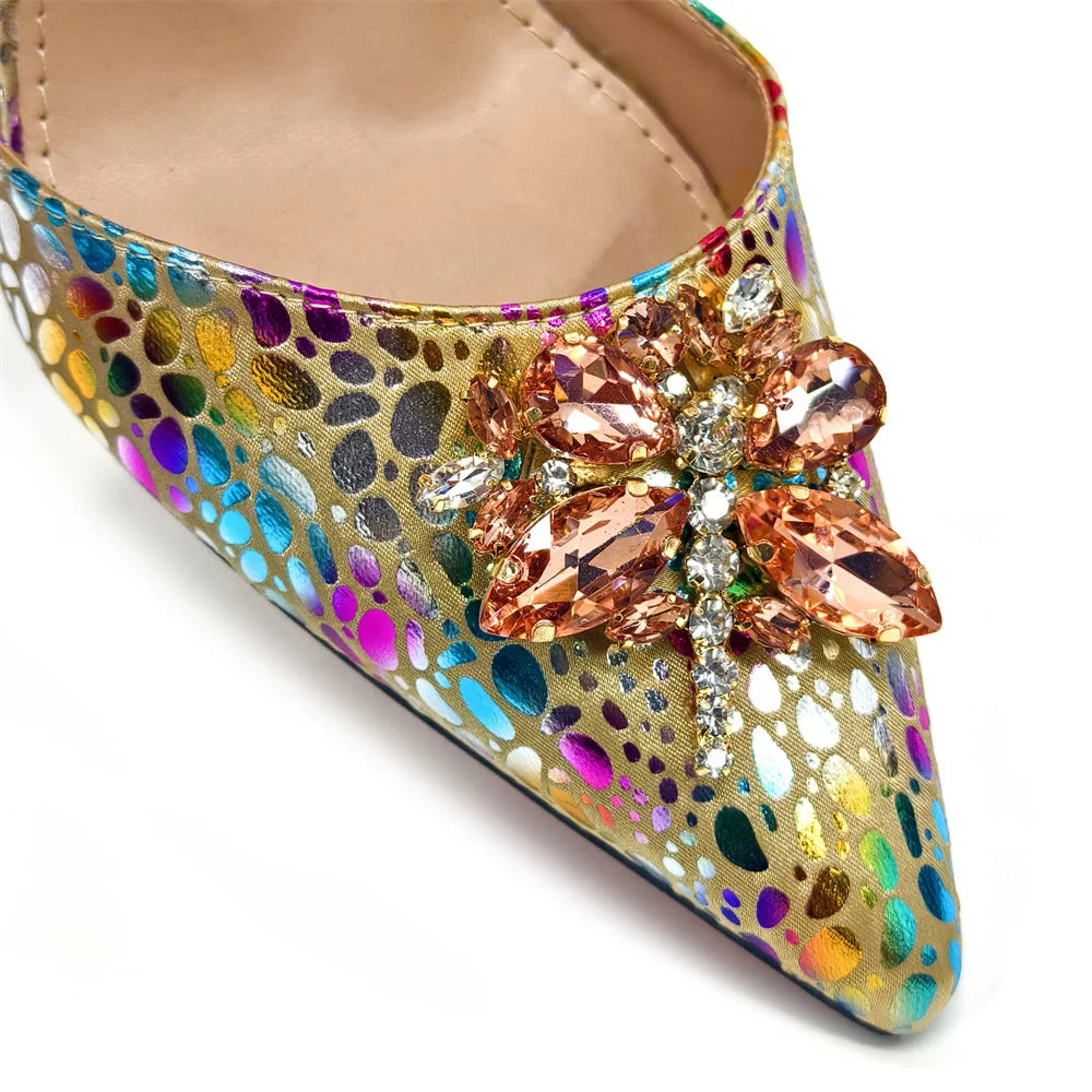 Champagne Color Thin Heels Pointed Toe Crystal Design Ladies Shoes Matching Bag Set