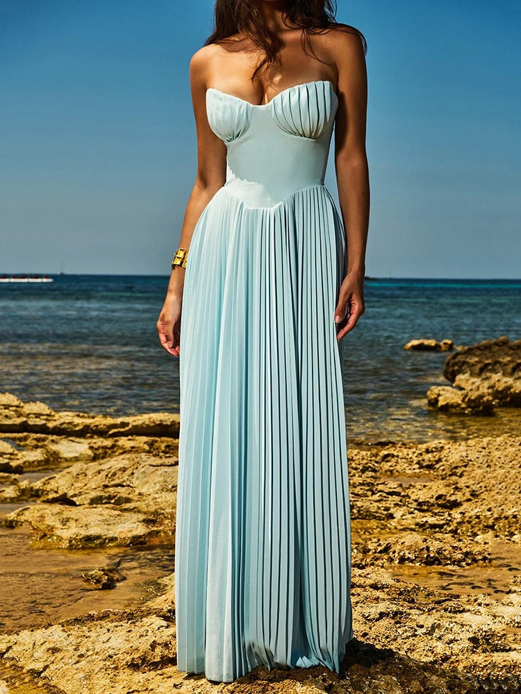 Off-shoulder Backless Pleated Maxi Dress