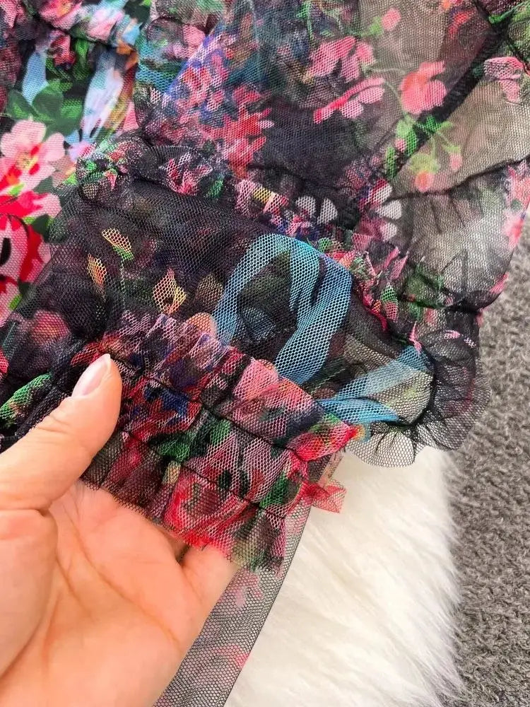 French Elegant Print Gorgeous Flower Cascading Ruffles Long Dress
