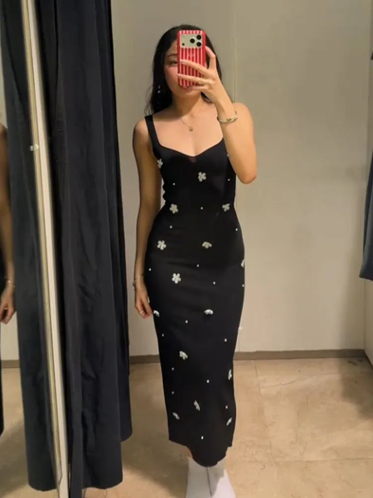 Woman Sweet Flower Backless Midi Dress