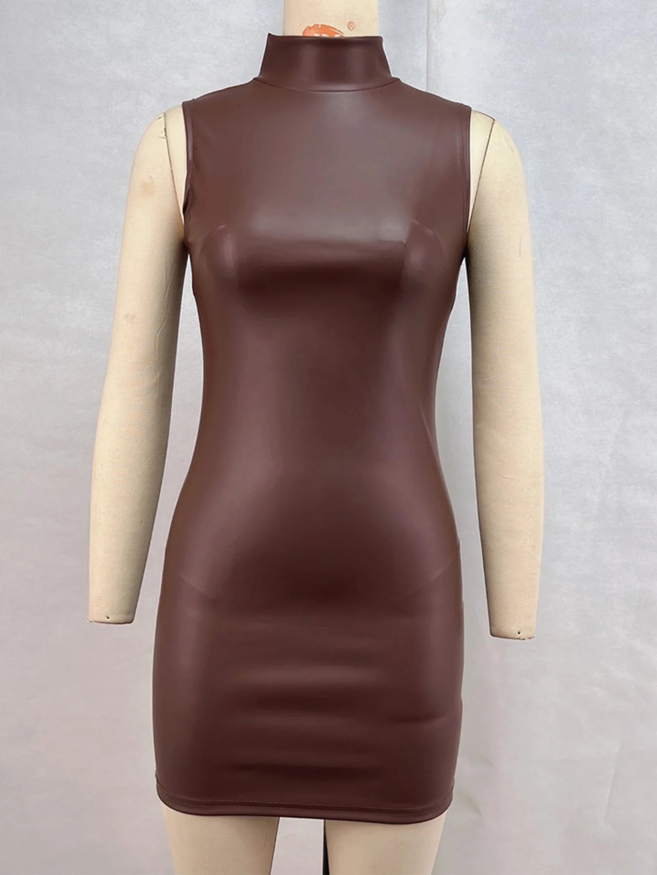 Sexy Brown PU Leather Mini Summer Dress