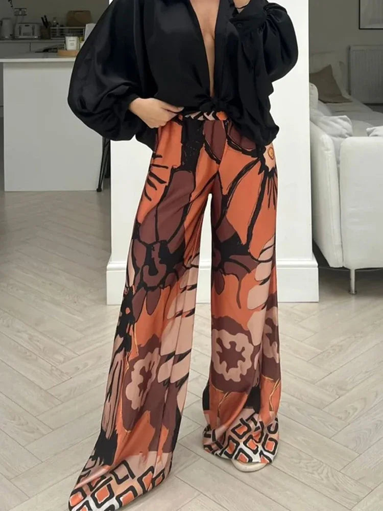 All Season Loose Casual Mid Waist Print Long Pants