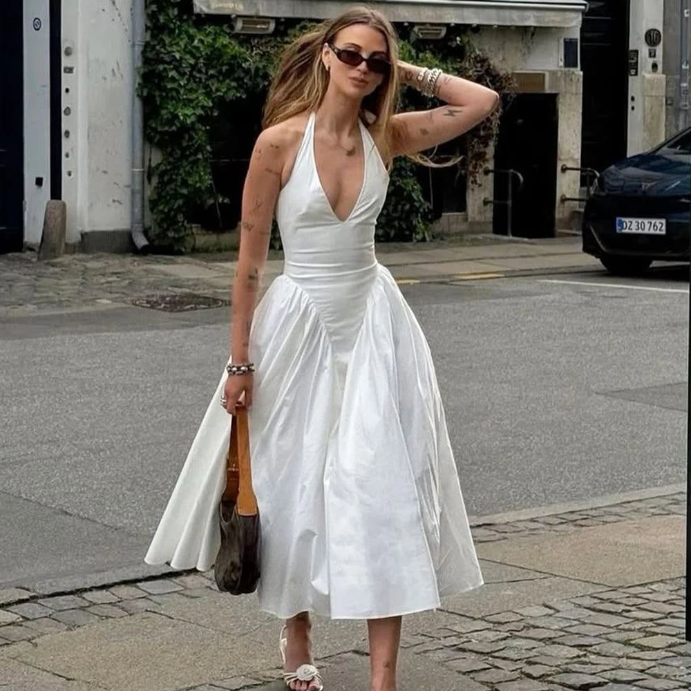 Summer Backless Deep V Spliced Long Dress