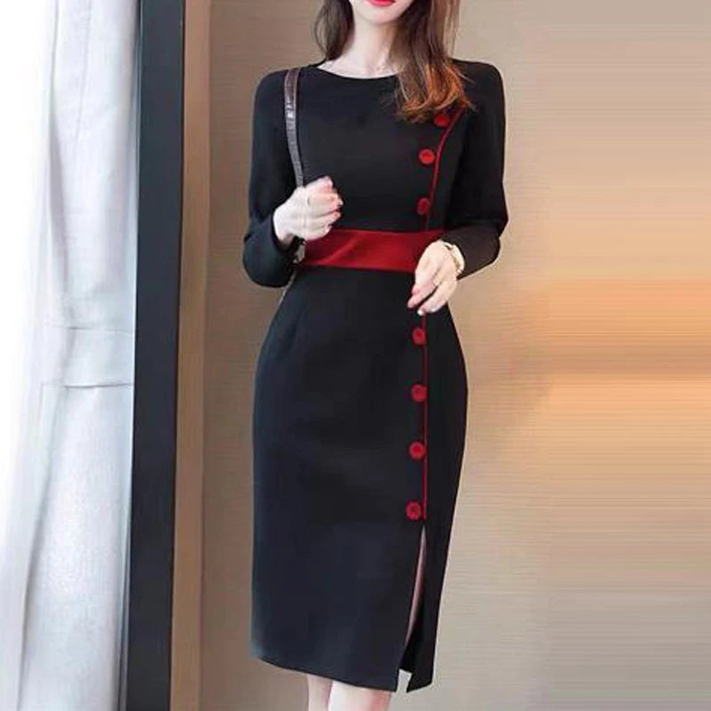 Spring Autumn Fashion Contrast Color High Waist Long Sleeve Slim Midi Dress