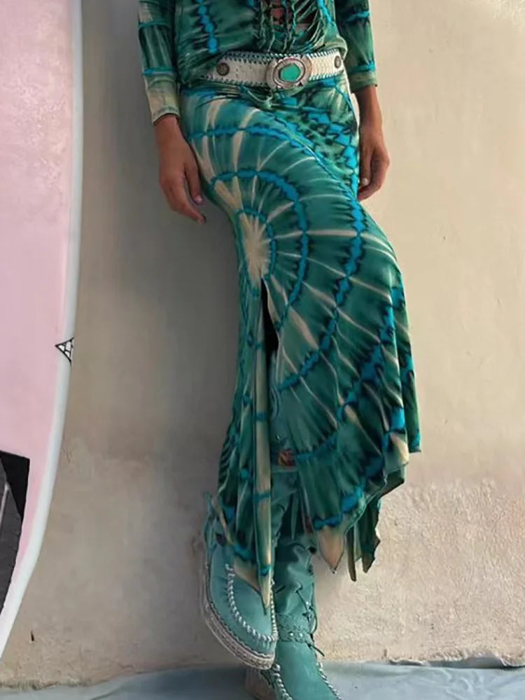 Spring Summer Printing Patchwork Maxi Skirts
