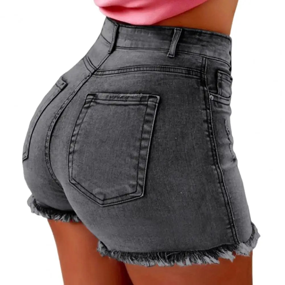 Retro Distressed Ripped Edge  High Waist Washed Butt-lifted Slim Fit Side Pockets  Shorts