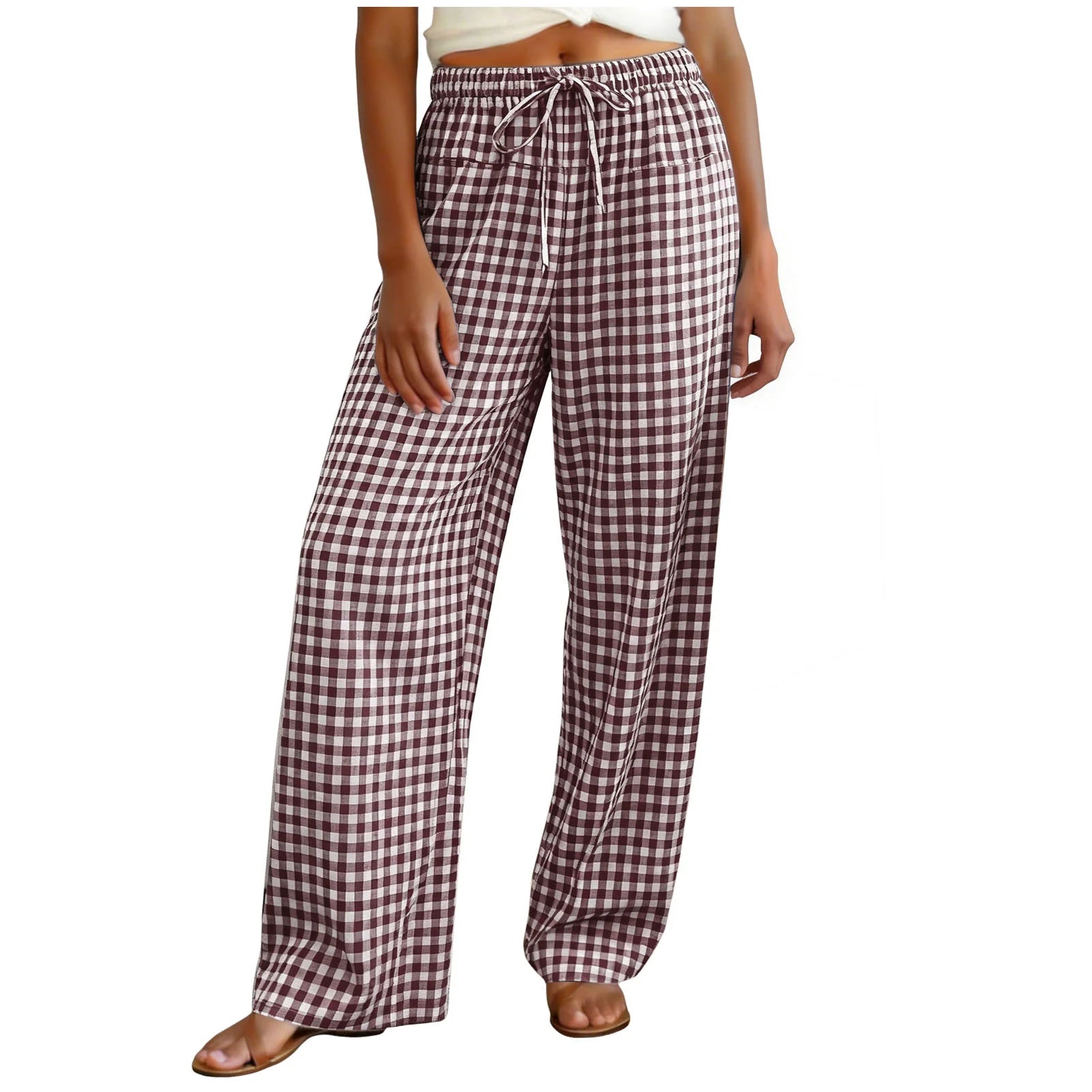 High Waisted Wide Leg Plaid Drawstring Casual Trousers