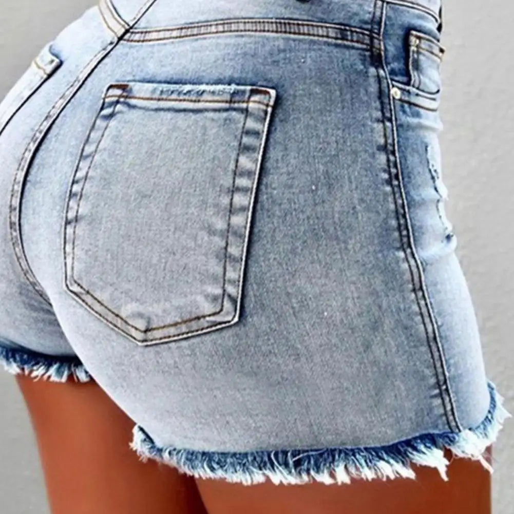 Retro Distressed Ripped Edge  High Waist Washed Butt-lifted Slim Fit Side Pockets  Shorts