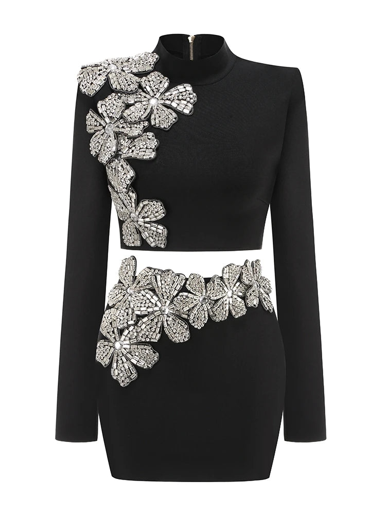 Sexy Long Sleeves Bandage Turtleneck Shiny Diamonds Flower Top + Bodycon Mini  Skirts