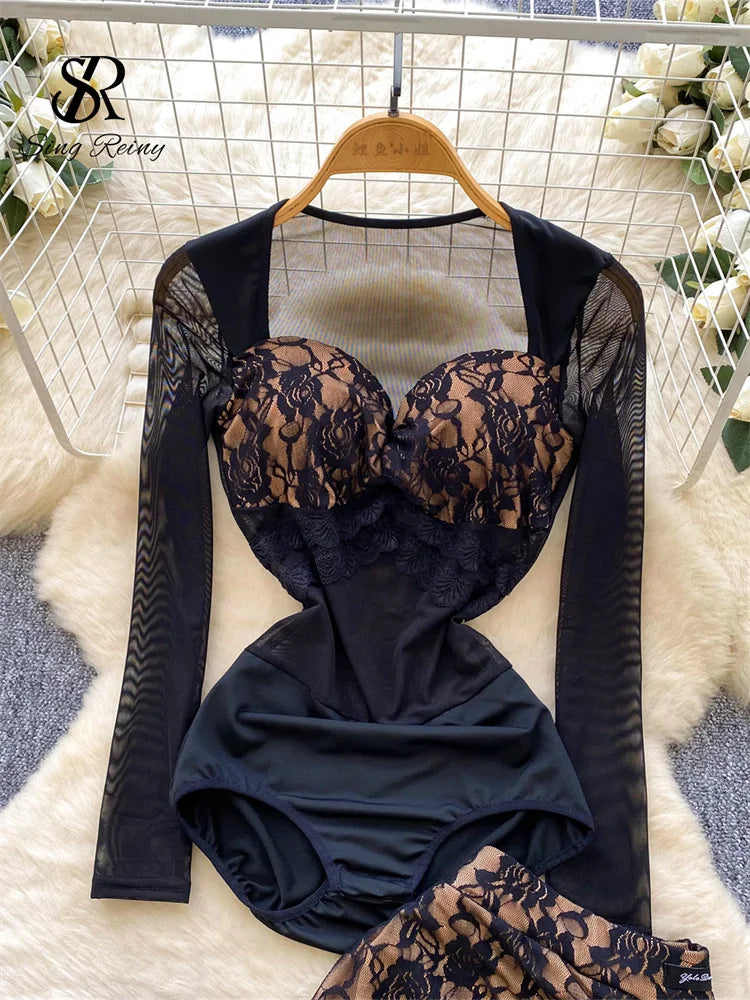 Sexy Floral Lace Suit Mesh Sheer Slim Bodysuit+Ruffles Mini Mermaid Skirt