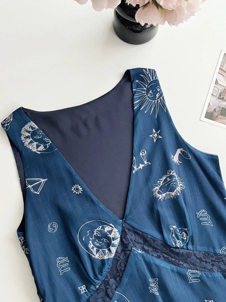 Elegant Vintage Original Design Print V-Neck Hollow Out Party Dress