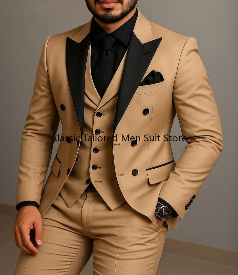 Beige Double Breasted Suit  Black Lapel  Slim Fit Wedding Suit