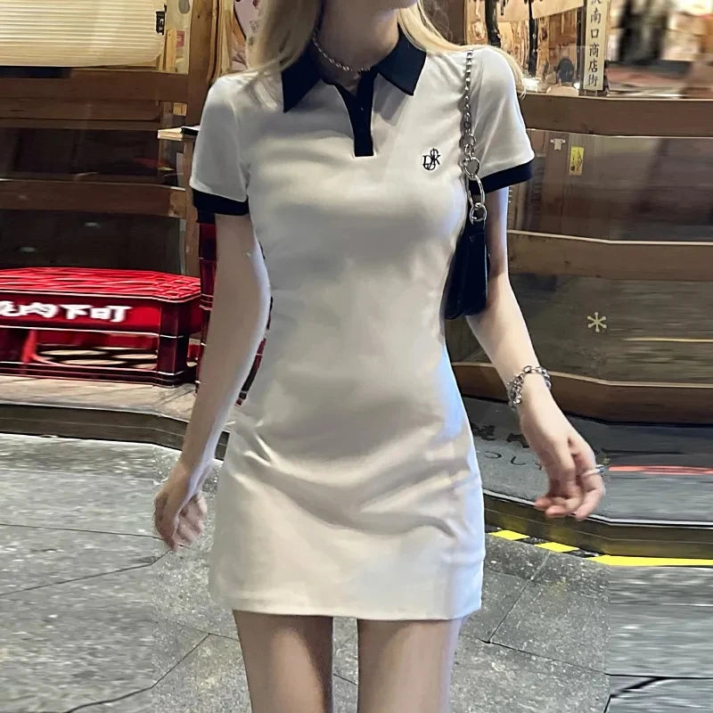Polo Short Sleeve Mini Skirt Slim Sheath Tight Dress Collar Shirt