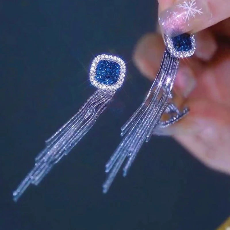 Square Blue Zircon Long Tassel Stud Earrings – Elegant Sparkle for Every Special Moment