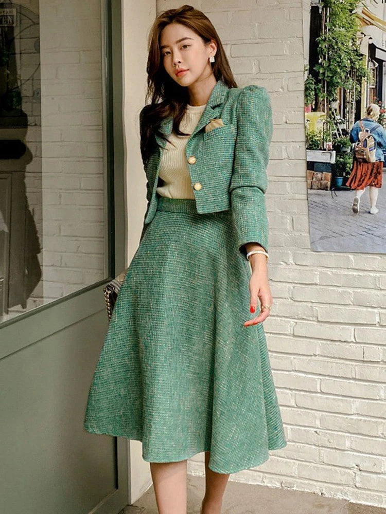 Stripe Vintage Lady Single Breasted Short Blazer Coat Suit Jacket High Waist Midi Skirt \
