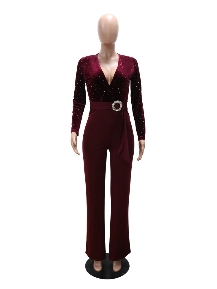 Sexy Velvet Patchwork Deep V Neck Flare Jumpsuits