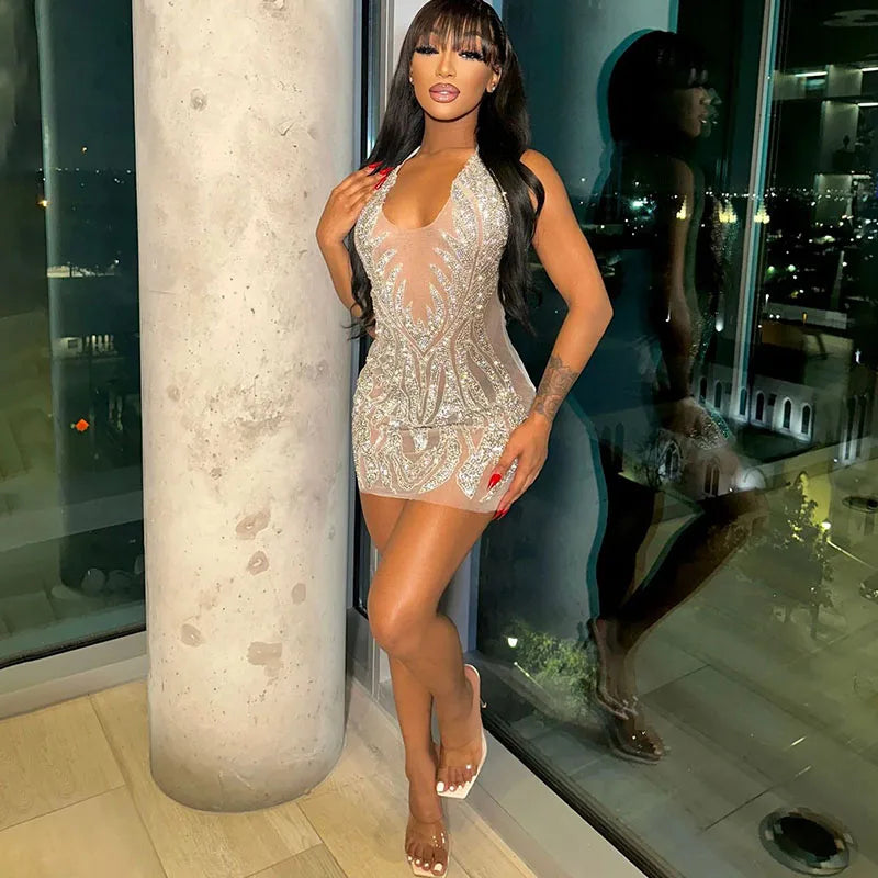 Mesh See Through Halter V-neck Backless Sexy Bodycon Mini Dress