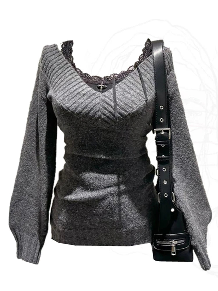 Autumn Winter V-neck French Vintage Sweater Long Sleeve Pullovers Knitwears