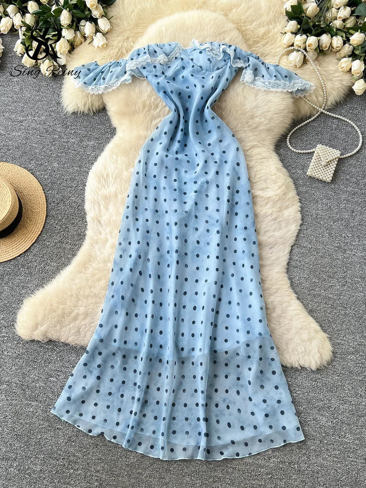 Polka Dot Off-Shoulder Chiffon Long Dress