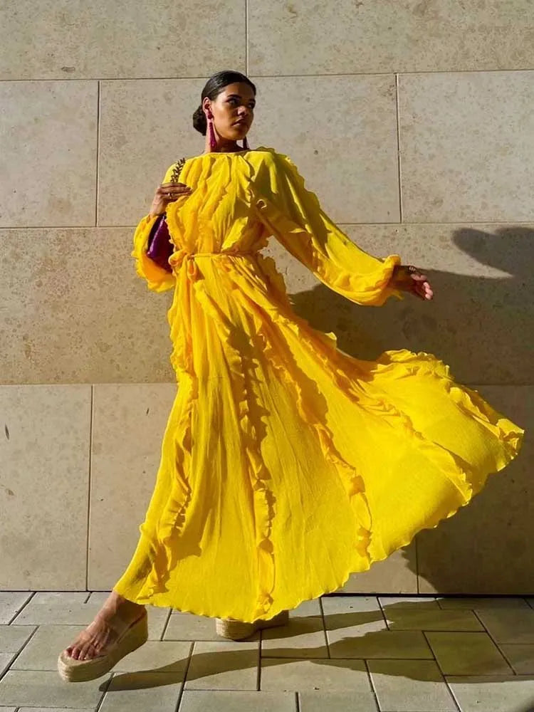 Autumn Long SleeveSexy Beautiful Yellow  Lace-up Chic Elegant Tiered Maxi Dress