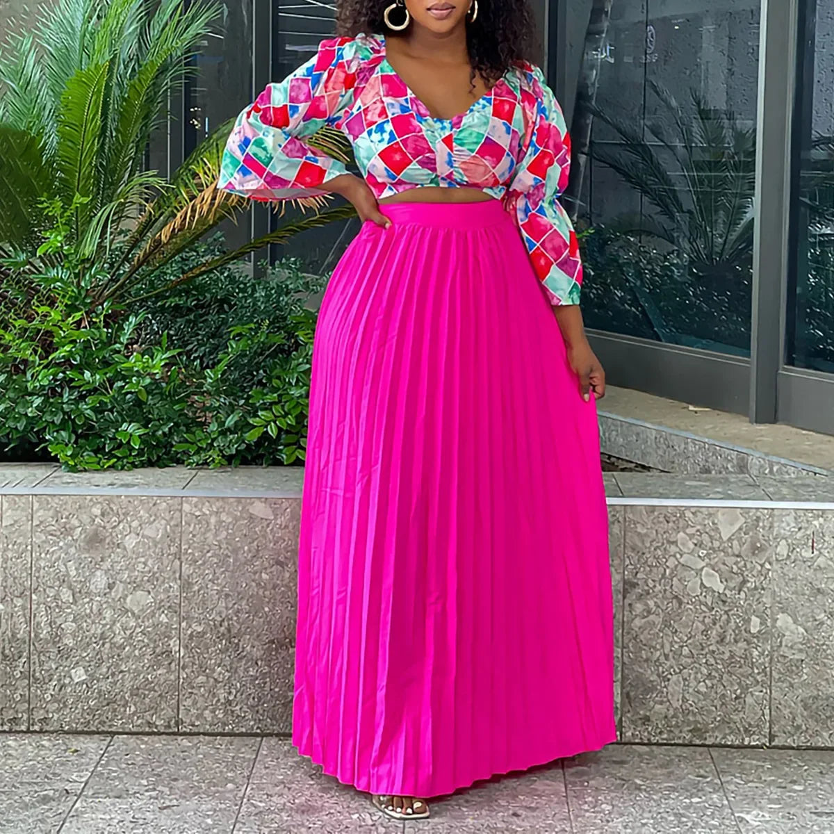 Fashion Autumn V Neck Long Sleeve Print Blouse Pleated High Waist Long Skirt