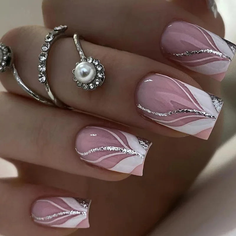24Pcs Mid-length Square Press-On Nails with Golden Butterfly Design