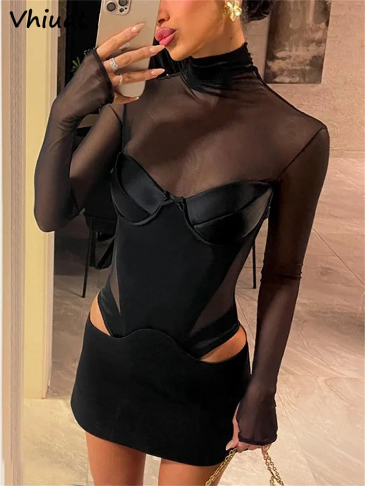 Sexy Cut Out Mesh Patchwork Turtleneck Long Sleeve Wrap Short Dress