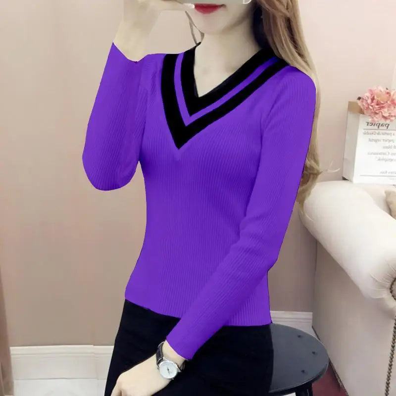 Elegant V-Neck Spliced All-match Sweaters