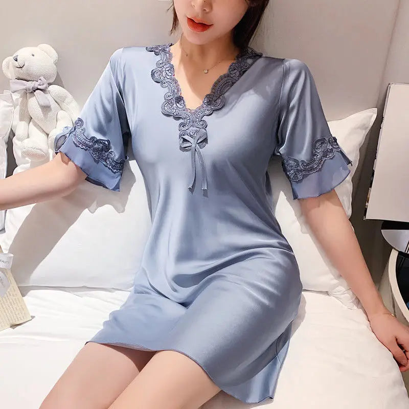 Women Long Suspender Nightgown French Elegant Court Style Nightdress Sleepwear Sexy Lace Trim Nightwear Loose Home Dressing Gown