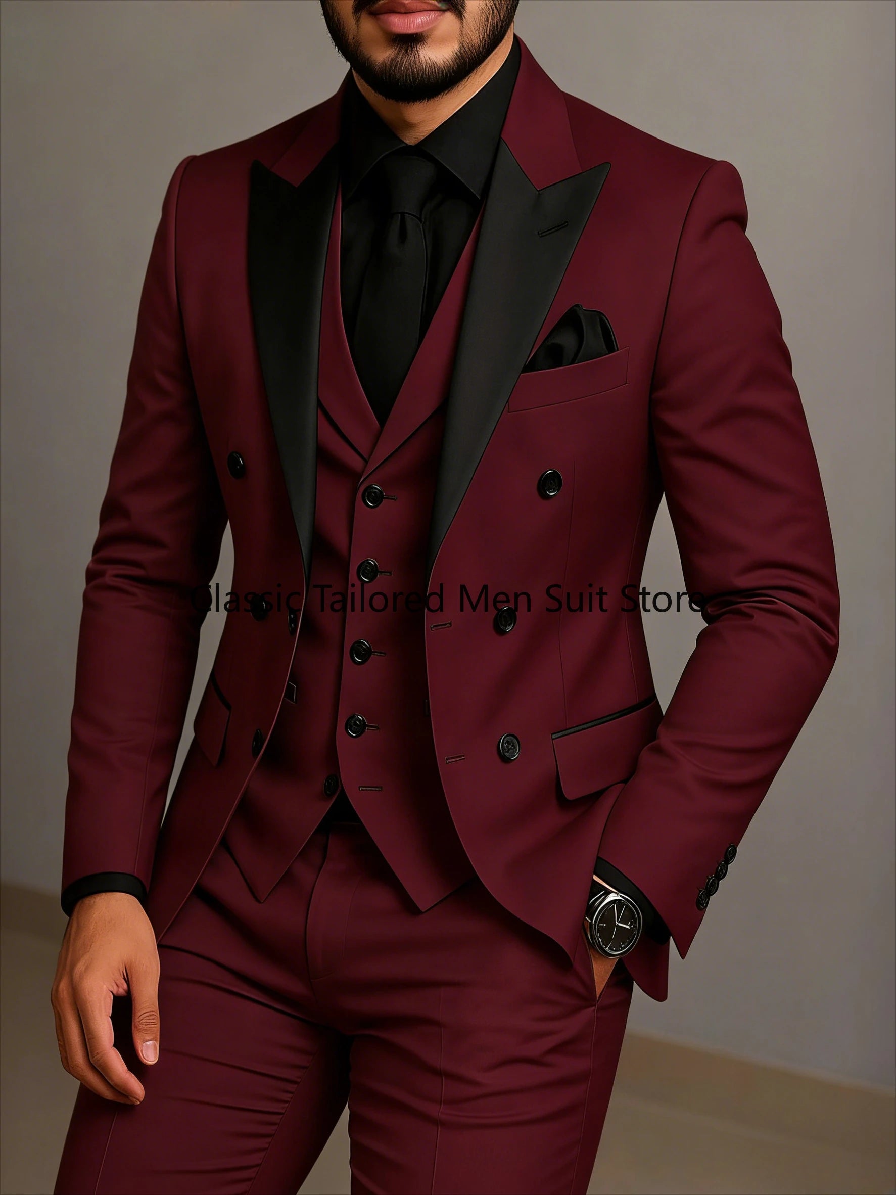Beige Double Breasted Suit  Black Lapel  Slim Fit Wedding Suit