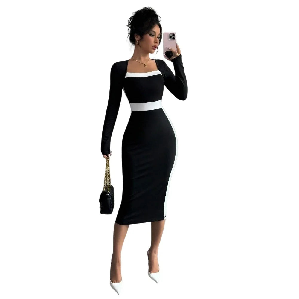 Autumn Winter Square Neck High Waist Long Knitted Dress