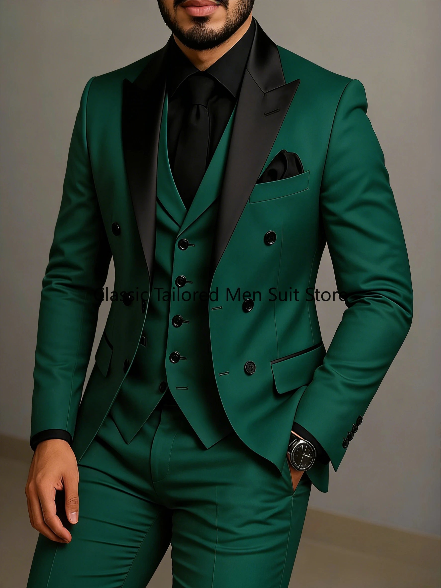 Beige Double Breasted Suit  Black Lapel  Slim Fit Wedding Suit
