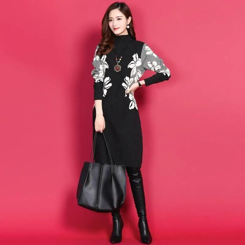 Autumn and Winter  Round Neck Long Sleeve Slim Pullover Plus Size Midi Underlay Printing Dress
