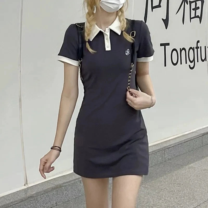 Polo Short Sleeve Mini Skirt Slim Sheath Tight Dress Collar Shirt
