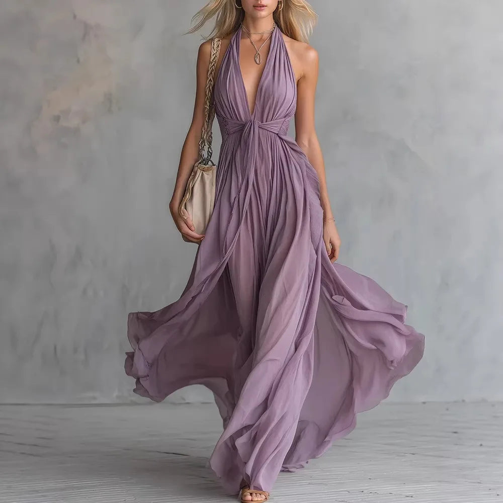 Women’s Elegant Deep V-Neck Lace-Up Long Dress