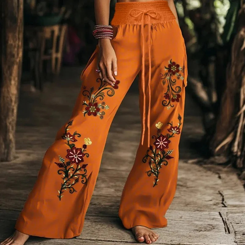 Boho High Waist Lace-Up Wide Leg Pants