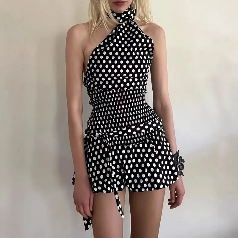 Bowknot Sexy Strapless Polka Dot Tie Top Ruffle Skirt Set