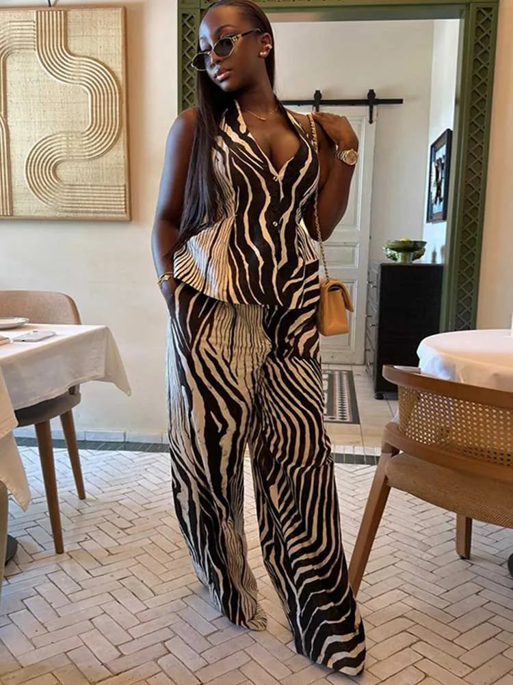 Elegant Matching Vest Outfit with Wide Leg Pants Halter