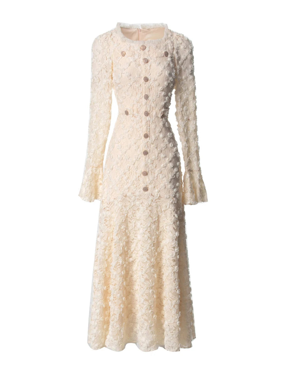 Solid Spliced Button O Neck Long Sleeve High Waist  Dress F