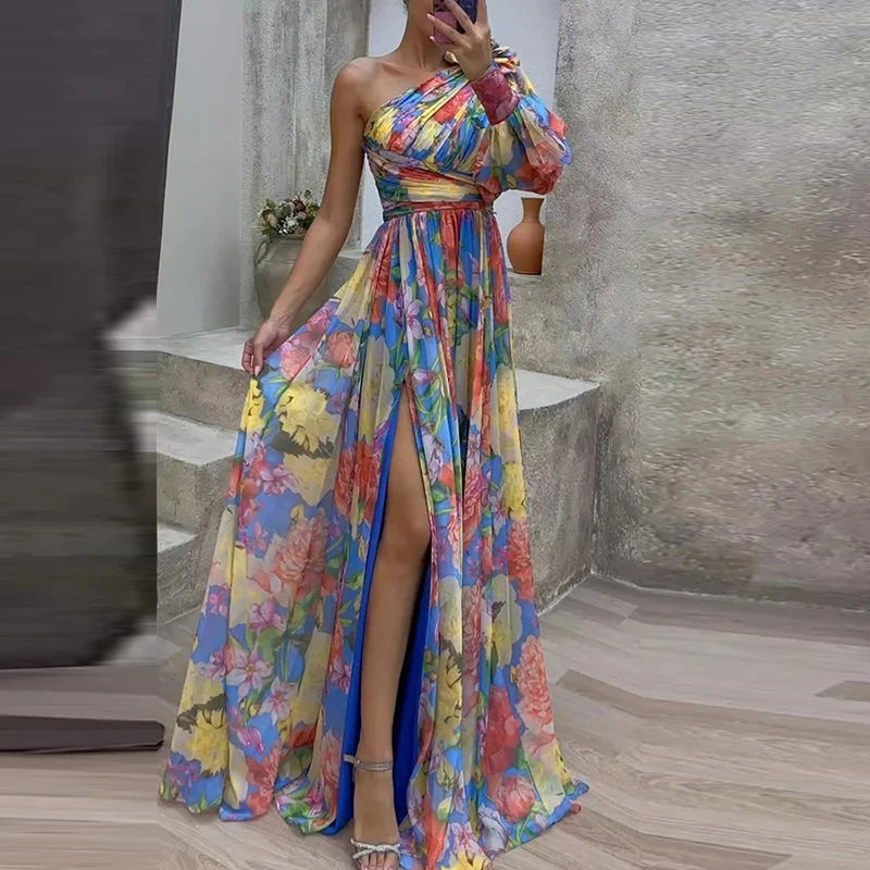 High Split Loose Hem One Shoulder Print Beach Party Dress