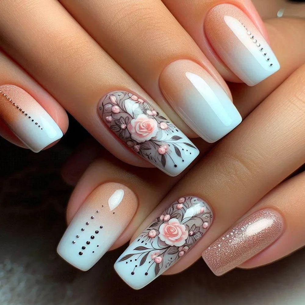 24Pcs Mid-length Square Press-On Nails with Golden Butterfly Design