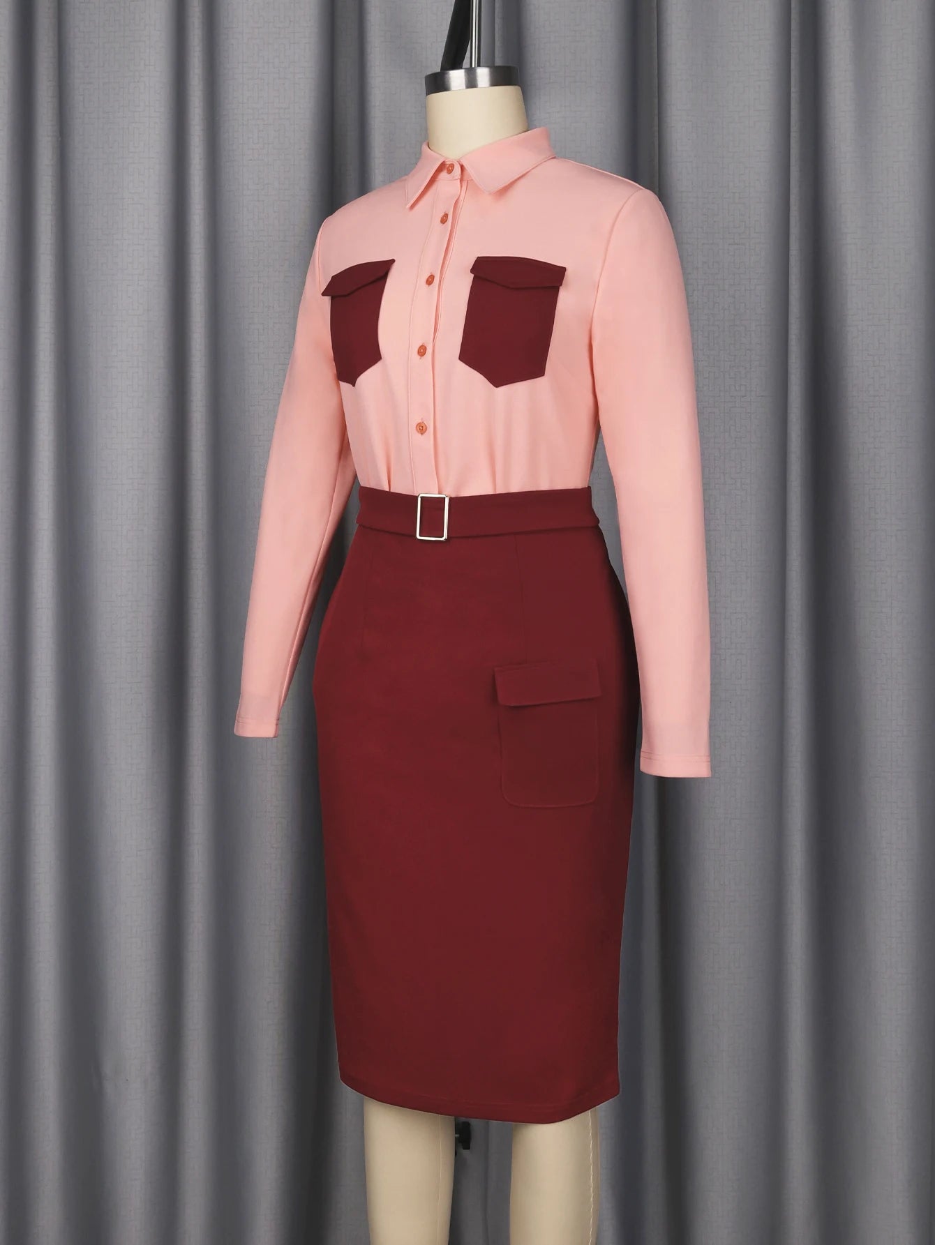 Long Sleeves Turn Down Collar Color Block Patchwork Dress