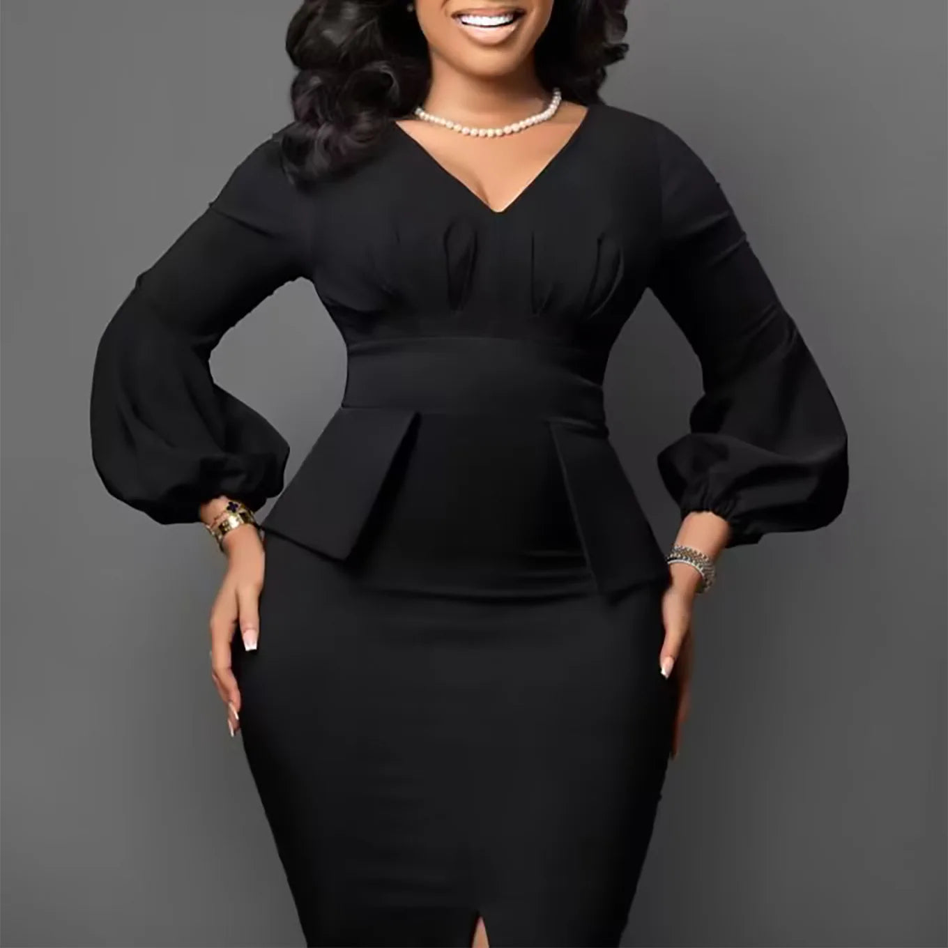 New  V-neck Puffed Sleeve Slit Dress