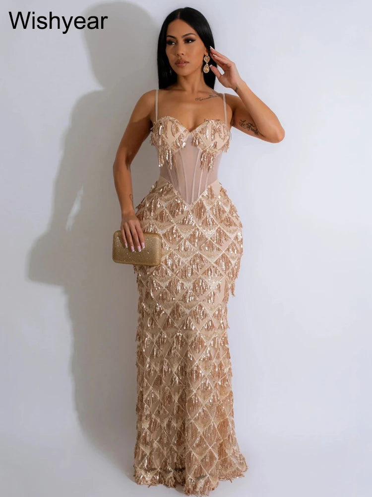 Sequined Spaghetti Strap Mesh Patchwork Bodycon Dress