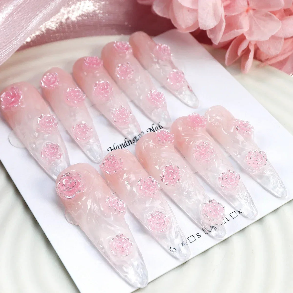 10Pcs Ice Transparent Glass Camellia Handmade Press on Nails