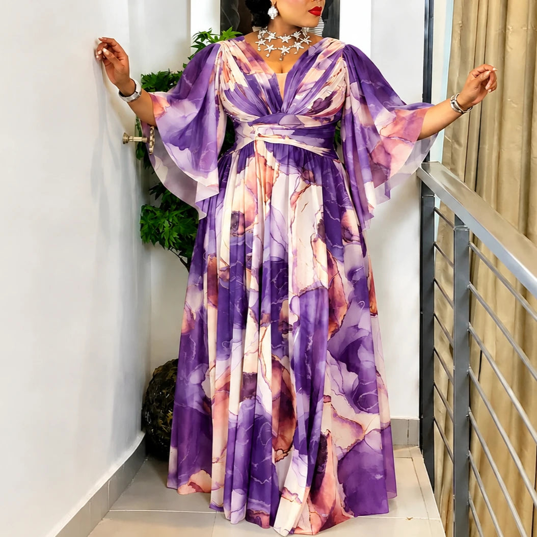 Women’s Elegant Chiffon Printed A‑Line Maxi Dress