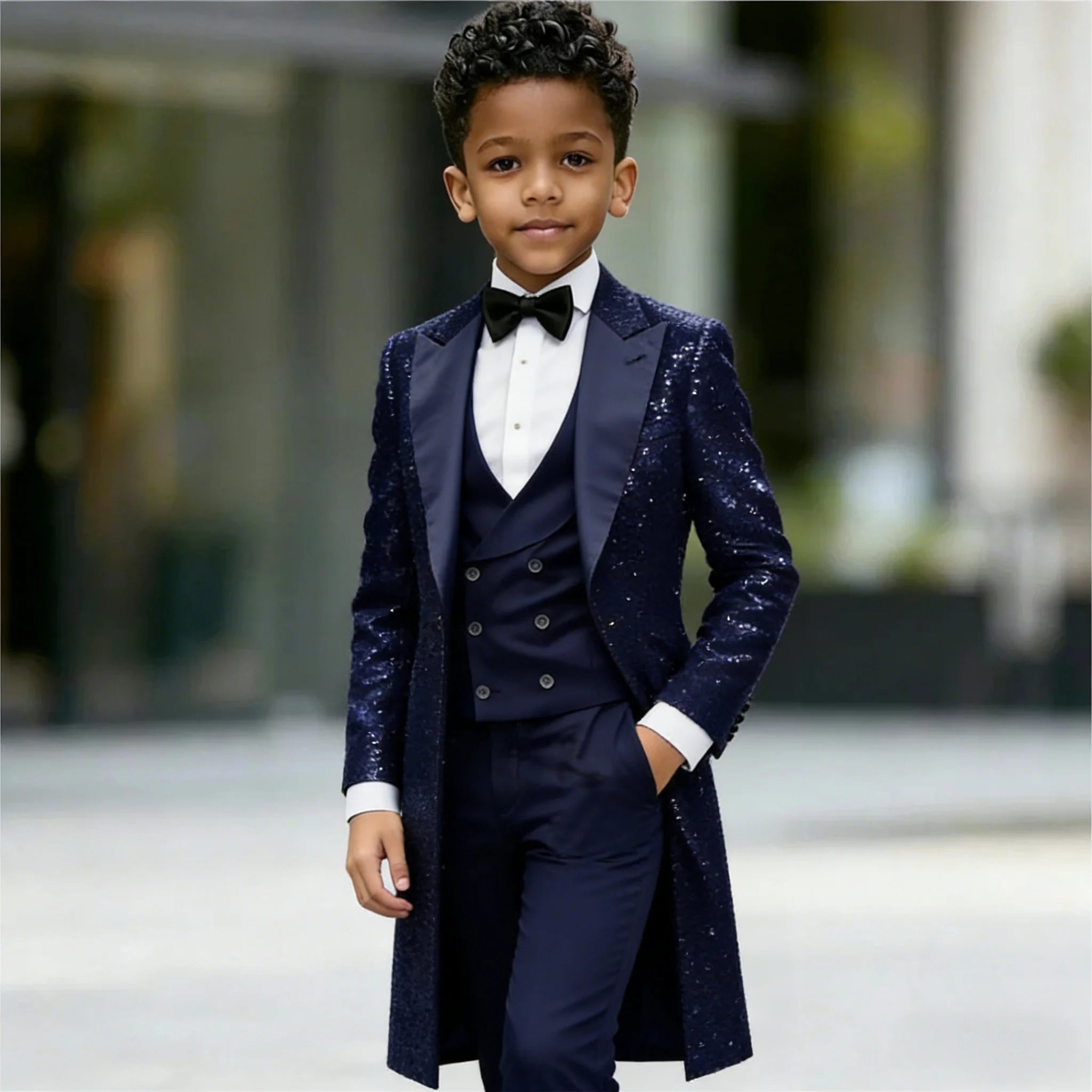 Navy Blue Sequin Boys 3‑Piece Wedding Tuxedo Set – Long Tailcoat, Vest & Pants