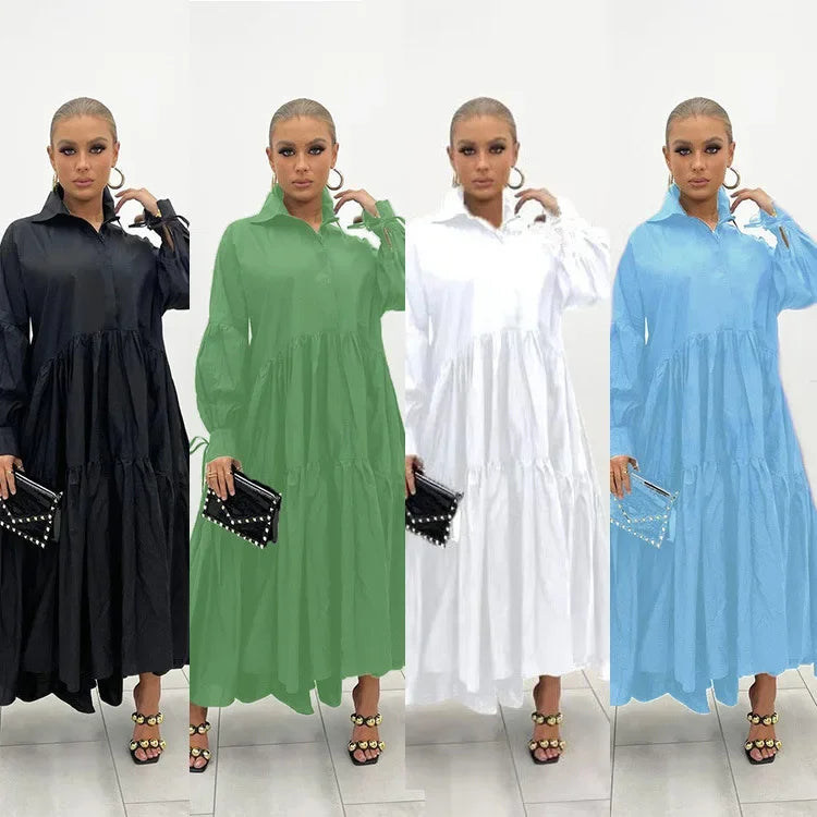 Turn Down Collar Button Vintage Loose  Casual Belt A Line Summer Maxi Dress