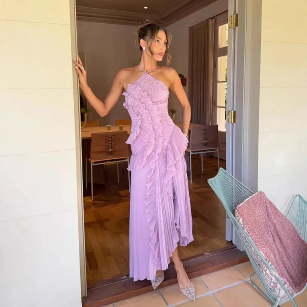Chic Pleated Halter Neck Long Vacation Dress