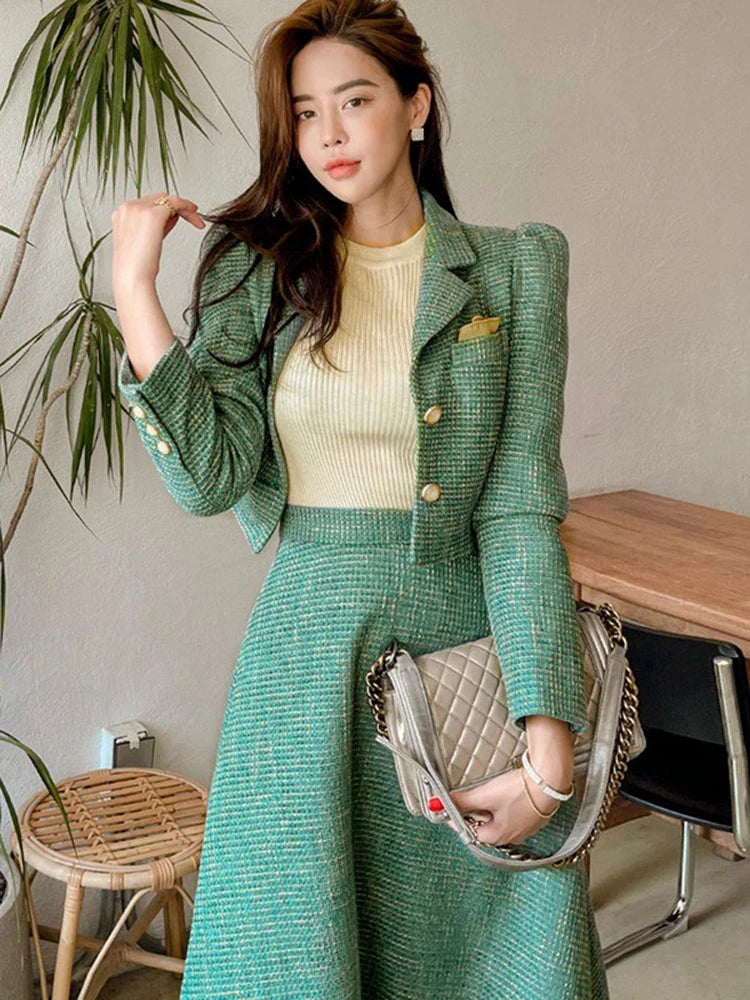 Stripe Vintage Lady Single Breasted Short Blazer Coat Suit Jacket High Waist Midi Skirt \